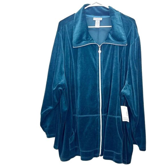 NWT Catherines Full Zip Dark Forest Green Cozy Velour‎ Jacket Size 5X Pockets - Picture 1 of 7